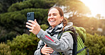 Hiking, video call and phone with woman in nature for streaming, travel and adventure. Virtual chat, trekking and environment with person and mobile for eco tourism, backpacking and vacation