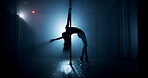 Woman, dancer and pole with party for silhouette, tease performance or sexy movement in nightclub. Theater, spotlight and female person in routine for seduction, stripping and stage entertainment