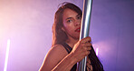 Woman, portrait or dancer with pole for club, tease performance or sexy movement in night. Exotic, spotlight and female person in practice routine for seduction, stripping and stage entertainment
