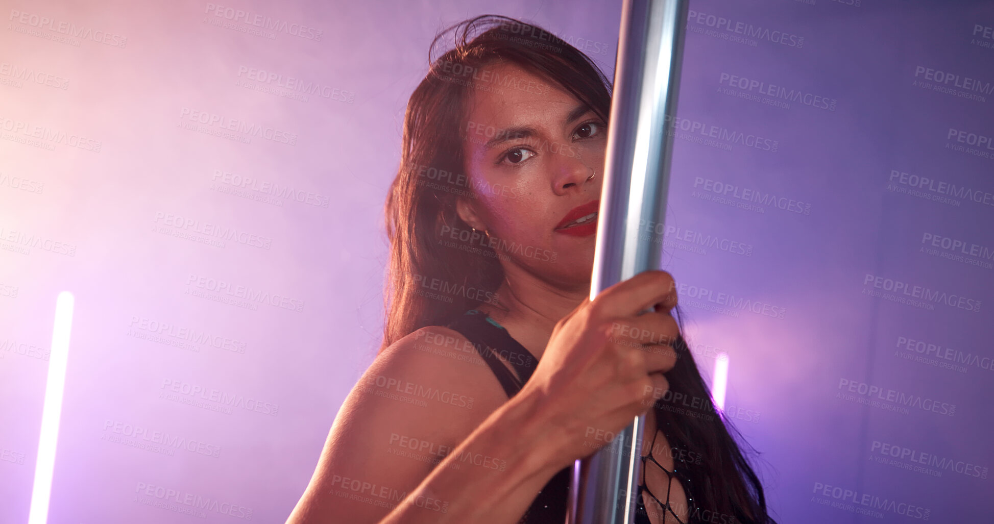 Buy stock photo Woman, portrait or dancer with pole for club, tease performance or sexy in night. Exotic, spotlight and female person in practice routine for seduction, stripping and stage entertainment in club