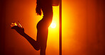 Woman, night or body with pole for dancing, tease performance or sexy movement in silhouette. Light, exotic and female dancer in club routine for seduction, stripping skill or party entertainment