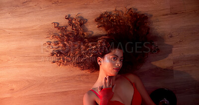 Buy stock photo Lingerie, sexy and stripper with portrait of woman in studio for exotic performer, burlesque and space. Entertainment, floor choreography and sensual with above of dancer in nightclub for artist