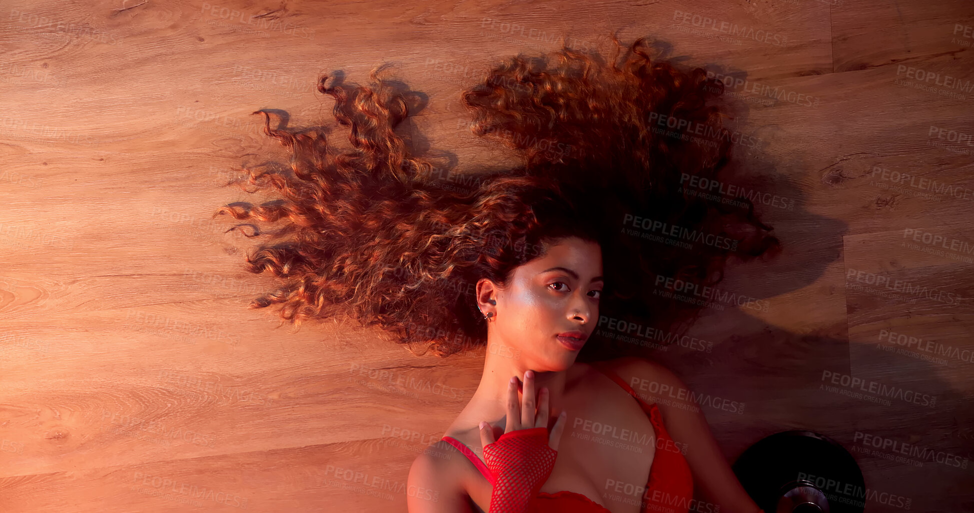 Buy stock photo Lingerie, sexy and stripper with portrait of woman in studio for exotic performer, burlesque and space. Entertainment, floor choreography and sensual with above of dancer in nightclub for artist