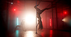 Upside down, artist or neon lights with pole for dancing, tease performance or sexy movement in routine. Show, agility or exotic dancer in nightclub for seduction, stripping or party entertainment
