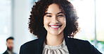 Business, woman and smile with portrait in office for legal career, professional service and about us. Corporate lawyer, employee and confidence at law firm for litigation management or court justice