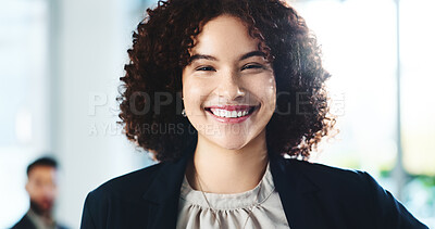 Buy stock photo Business, woman and smile with portrait in office for legal career, professional service and about us. Corporate lawyer, employee and confidence at law firm for litigation management or court justice