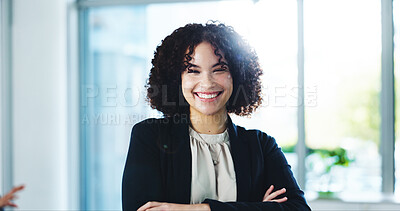Buy stock photo Crossed arms, professional and portrait of businesswoman in office with confidence for corporate career. Pride, happy and female financial manager from Brazil with job development in workplace.