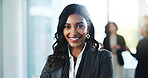 Business, woman and happy with portrait at law firm for legal career, professional service and company pride. Corporate lawyer, employee and smile in office for litigation management and confidence