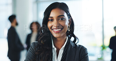 Buy stock photo Business, woman and happy with portrait in office for legal career, professional service and company pride. Corporate lawyer, employee and smile at law firm for litigation management and confidence