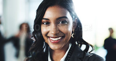 Buy stock photo Lawyer, woman and happy with portrait in office for legal justice, professional service and about us pride. Business, employee and confidence at law firm for litigation management and career growth