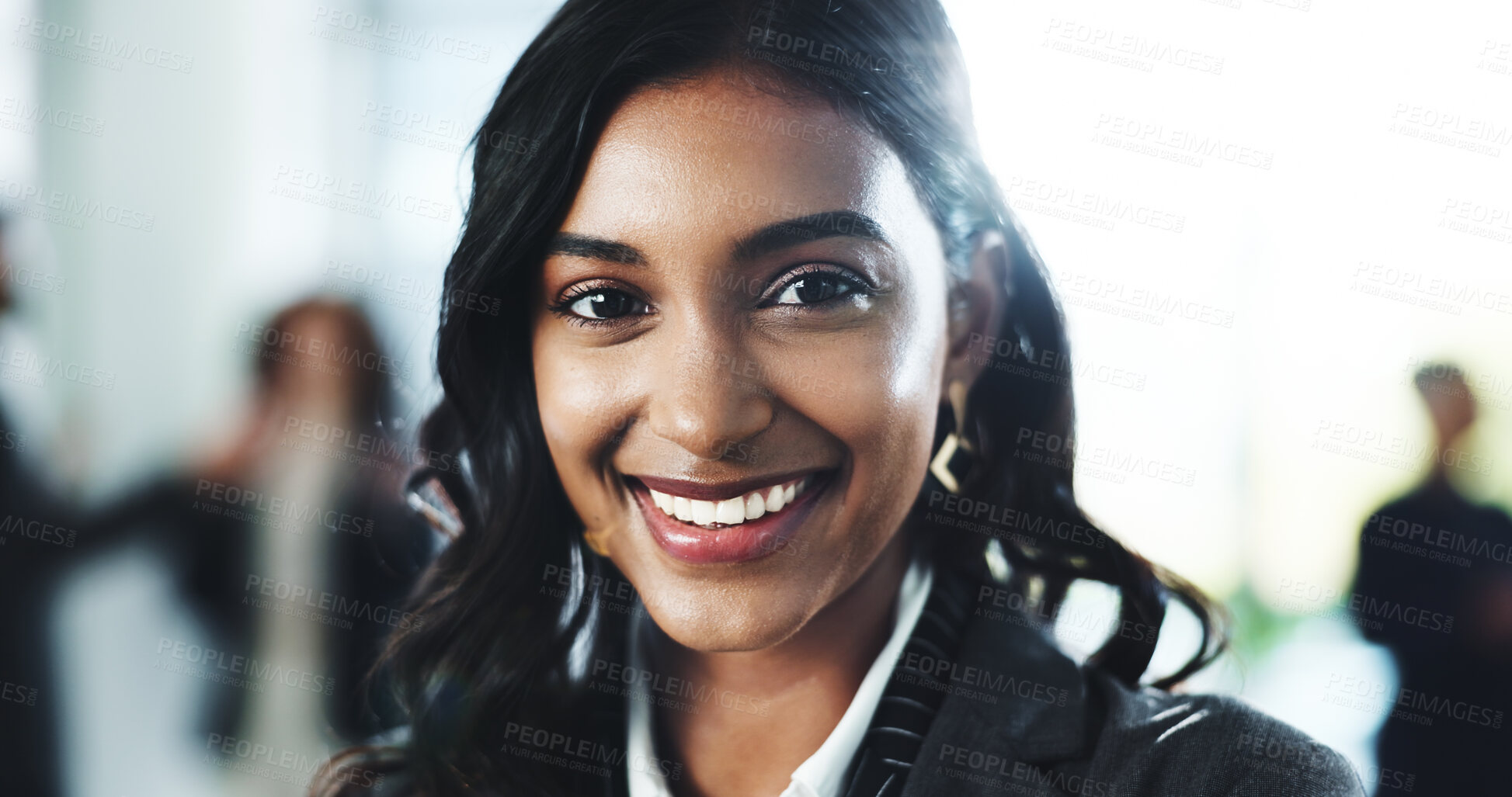 Buy stock photo Lawyer, woman and happy with portrait in office for legal justice, professional service and about us pride. Business, employee and confidence at law firm for litigation management and career growth