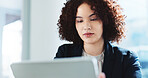 Tablet, office and business woman research for financial report, budget review and bookkeeping. Technology, corporate accountant and auditor reading email for revenue update, investment and payroll