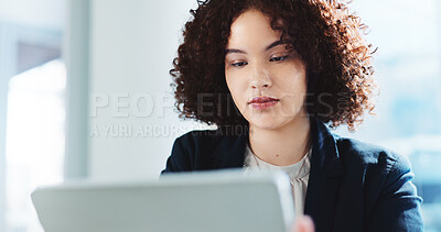 Buy stock photo Tablet, office and business woman research for financial report, budget review and bookkeeping. Technology, corporate accountant and auditor reading email for revenue update, investment and payroll