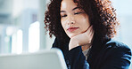 Thinking, tablet and research with business woman in office for problem solving, financial advisor and client solution. Online report, reading and accounting audit with person for investor decision