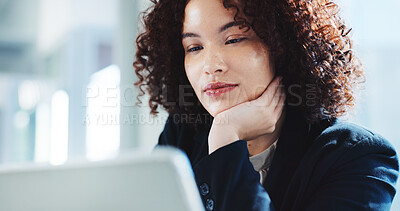 Buy stock photo Thinking, tablet and research with business woman in office for problem solving, financial advisor and client solution. Online report, reading and accounting audit with person for investor decision