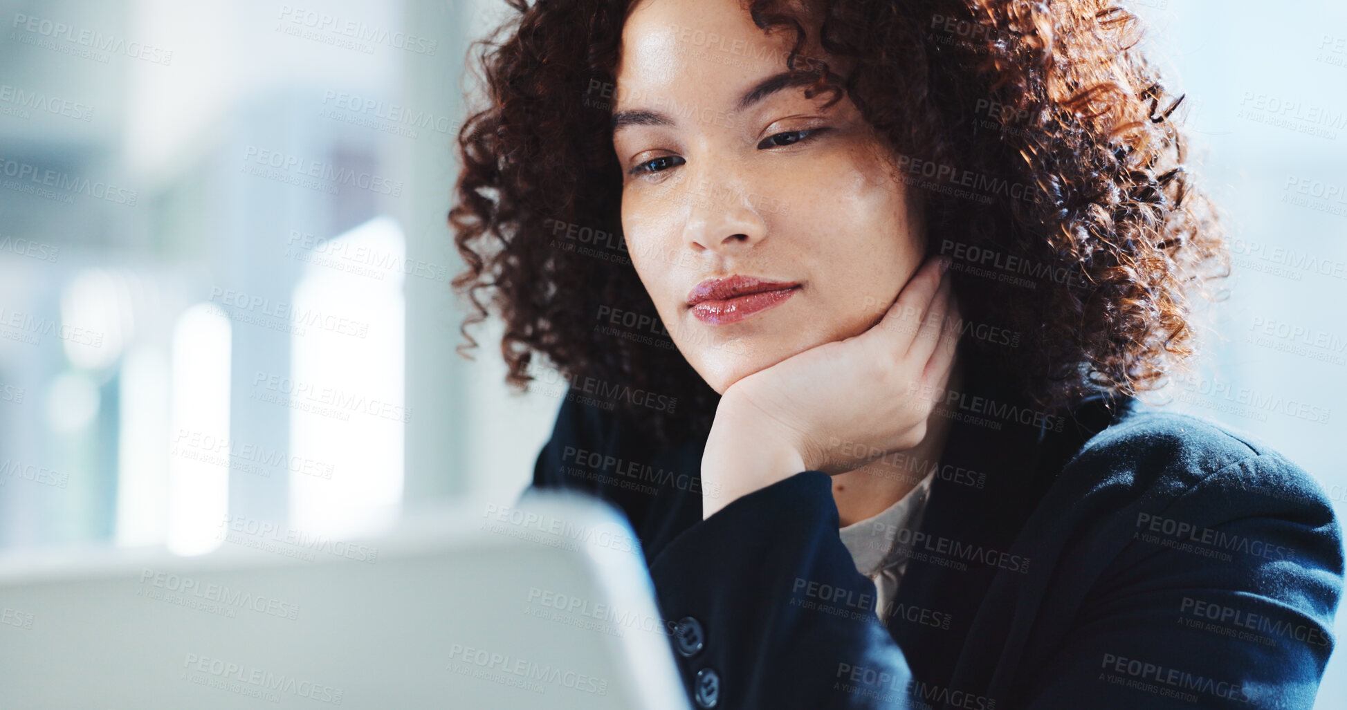 Buy stock photo Thinking, tablet and research with business woman in office for problem solving, financial advisor and client solution. Online report, reading and accounting audit with person for investor decision