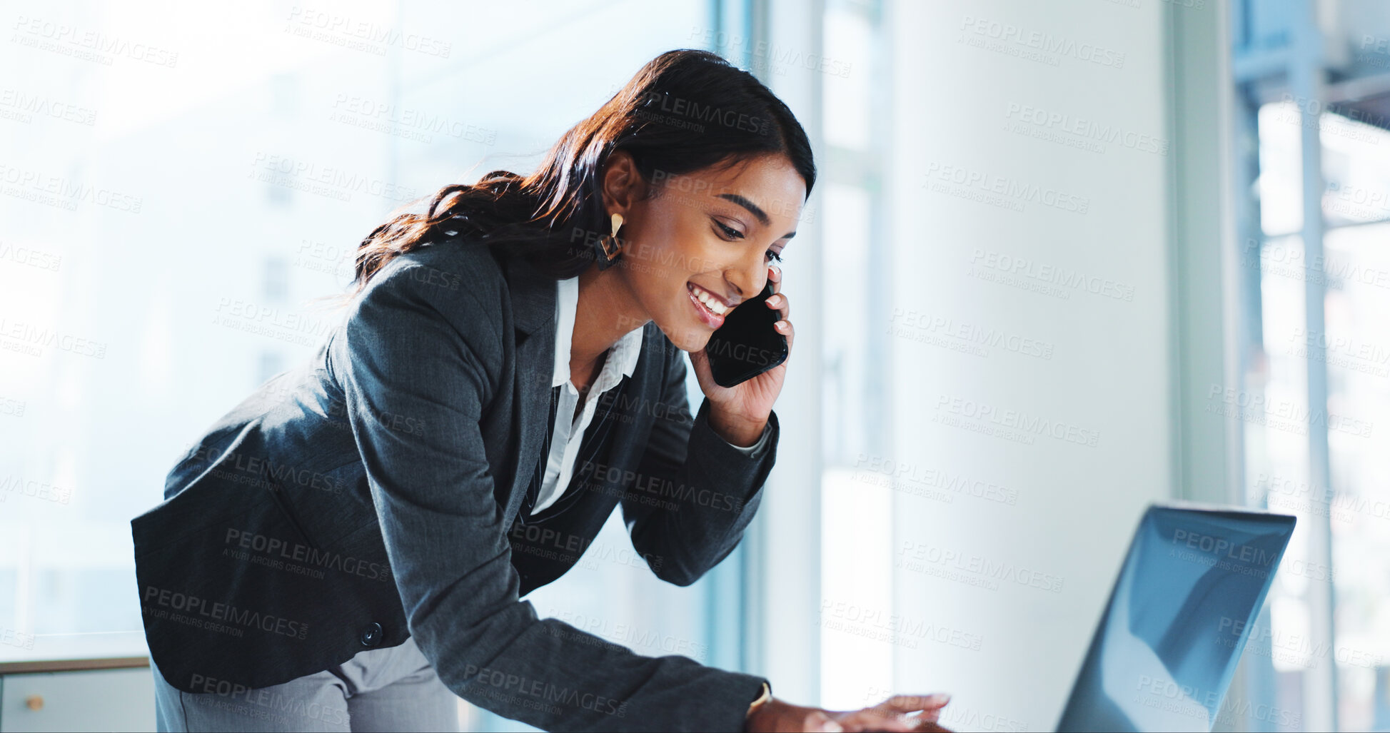 Buy stock photo Phone call, smile and laptop with business woman in office for stock broker, negotiate funds and client contact. Financial advisor, planning and portfolio manager with person for investment review