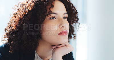 Buy stock photo Thinking, vision and business woman in office for problem solving, financial advisor and client solution. Brainstorming, reflection and accounting audit with person in agency for investor decision