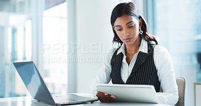 Buy stock photo Office, tablet and business woman research for insurance, risk management or policy sales on internet. Technology, laptop and employee reading email for financial coverage, claims and review online