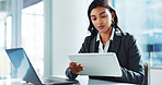 Office, tablet and business woman online for insurance, risk management or policy sales on internet. Technology, laptop and employee reading email for financial coverage, review claims and research