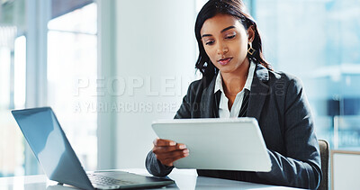 Buy stock photo Office, tablet and business woman online for insurance, risk management or policy sales on internet. Technology, laptop and employee reading email for financial coverage, review claims and research