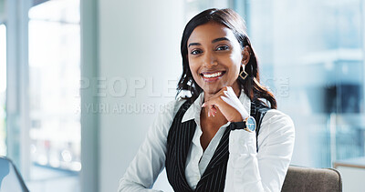Buy stock photo Happy, confident and portrait of businesswoman in office with pride for finance career growth. Smile, internship and face of female financial advisor from India with job development in workplace.