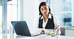 Business, woman and laptop with food in office for working break, proposal and eating meal with online research. Corporate, employee and salad bowl at desk for healthy lunch, hungry and productivity