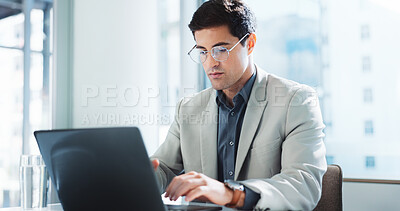 Buy stock photo Laptop, serious and business man typing financial report, budget review and bookkeeping. Computer, corporate office and accountant writing email for revenue update, investment research and payroll