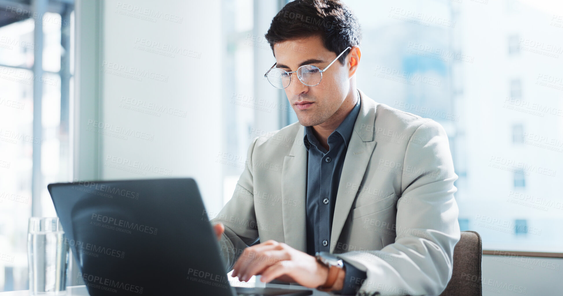 Buy stock photo Laptop, serious and business man typing financial report, budget review and bookkeeping. Computer, corporate office and accountant writing email for revenue update, investment research and payroll