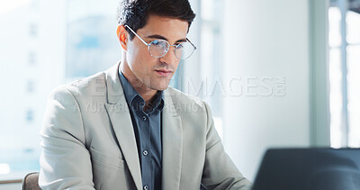 Buy stock photo Laptop, serious or business man in office for email, report or compliance officer with project. Computer, reading or accountant work on research for regulations, policy development or risk management