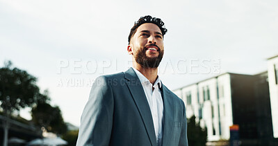 Buy stock photo Thinking, business and man with decision, outdoor and confidence with smile, contemplation and choice. Happy person, employee or consultant in street, urban town and thoughtful with break in New York