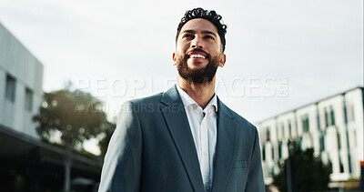 Buy stock photo Thinking, business and man in city, decision and confidence with smile, contemplation and ideas. Person, employee and consultant in street, urban town and thoughtful with wonder, choice and pride