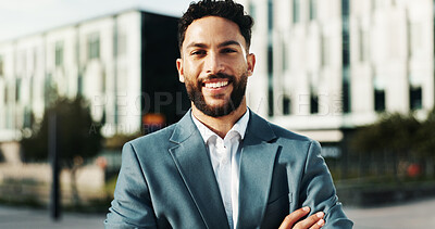 Buy stock photo Portrait, smile and business man in city for travel, commute and confident real estate advisor. Happy worker, professional and realtor outdoor as housing consultant and property broker in Brazil