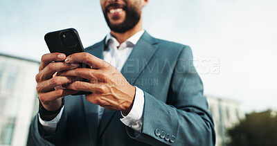 Buy stock photo Businessman, hands and trading with phone in city for finance app, stock or online investment. Closeup, happy man or trader with smile on mobile smartphone for network, connection or tax return
