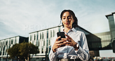 Buy stock photo Typing, online and phone with business woman in city for property developer, auction deal or contact. Real estate agent, client advisor with person outdoor for networking, low angle and urban project
