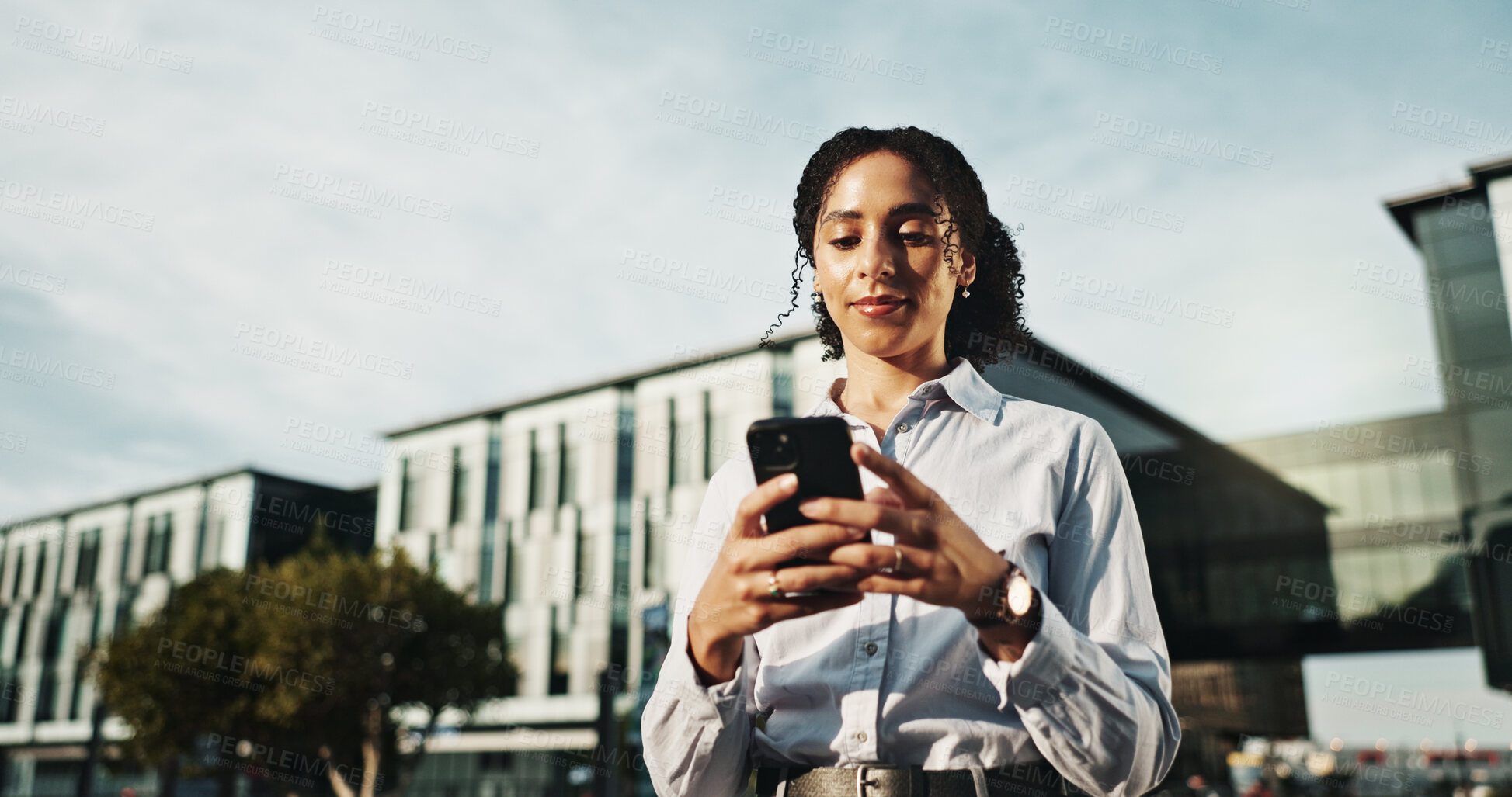 Buy stock photo Typing, online and phone with business woman in city for property developer, auction deal or contact. Real estate agent, client advisor with person outdoor for networking, low angle and urban project