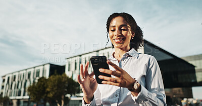 Buy stock photo Smile, scroll and phone with business woman in city for property developer, auction deal or contact. Real estate agent, client advisor with person outdoor for networking, low angle and urban project