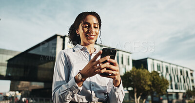 Buy stock photo Smile, online and phone with business woman in city for property developer, auction deal or contact. Real estate agent, client advisor and text with person for networking, low angle and urban project