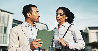 Buy stock photo Corporate, people and talk with tablet in city of planning, engineer team and urban development. Man, woman or discussion with digital for information, project management and infrastructure expansion