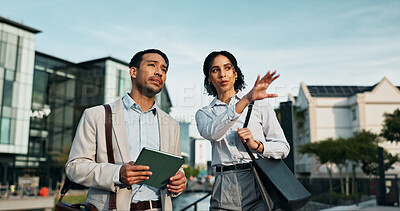 Buy stock photo Business, people and talk with tablet in city for planning, engineering and urban development. Team, manager or explain with digital for information, project management and infrastructure expansion