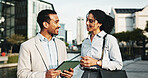Smile, business and people with tablet in city for planning, engineer team and urban development. Man, woman and happy with digital for information, project management and infrastructure expansion