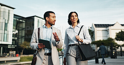 Buy stock photo Corporate, people and walk with tablet in city for planning, engineer team and urban development. Man, woman and talking with digital for information, project management and infrastructure expansion