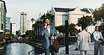 Professional, man and happy with phone call in city for corporate feedback, business proposal and networking. Briefcase, employee and talking to contact on morning commute for communication and chat
