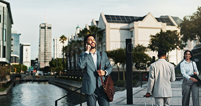 Buy stock photo Professional, man and happy with phone call in city for corporate feedback, business proposal and networking. Briefcase, employee and talking to contact on morning commute for communication and chat