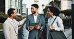 Meeting, happy and business people in city on tablet for talking, teamwork or collaboration on urban development. Discussion, men and woman on digital tech for research, town planning or conversation