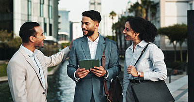 Buy stock photo Meeting, happy and business people in city on tablet for talking, teamwork or collaboration on urban development. Discussion, men and woman on digital tech for research, town planning or conversation
