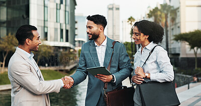 Buy stock photo Tablet, handshake and business people in city for meeting, agreement and collaboration on urban development. Shaking hands, tech and men and woman for partnership, town planning and discussion