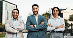 Business people, portrait and confidence with firm in city for corporate real estate or agency. Group, employees or realtors with smile or arms crossed for building development or property management
