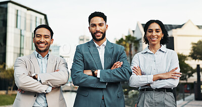 Buy stock photo Business people, portrait and confidence with firm in city for corporate real estate or agency. Group, employees or realtors with smile or arms crossed for building development or property management