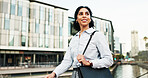 Happy, walking and business woman in city for morning commute, journey and travel to work. Thinking, corporate and person with inspiration to start career, job opportunity and ambition in town